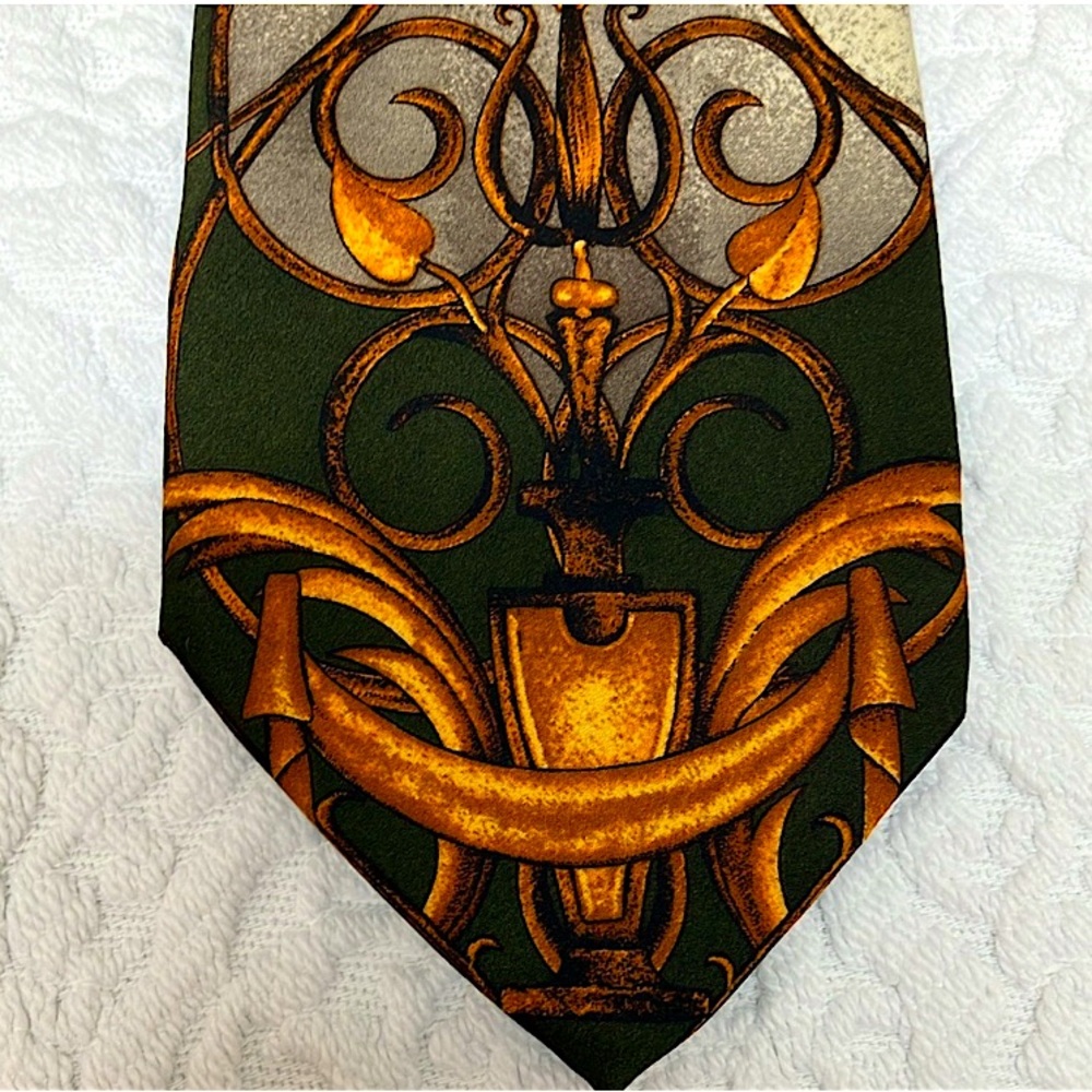 Gianfranco Ferre SILK tie, made in Italy, gold & green baroque style, vintage